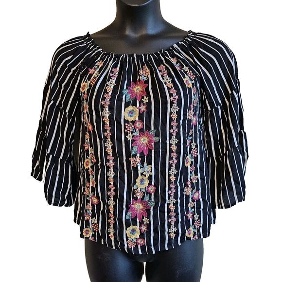 Savanna Jane Size Medium Black Striped Blouse Floral Embroidery Western... - Picture 2 of 6